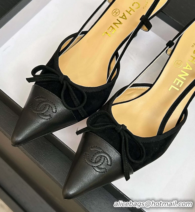 Best Product Chanel CC Logo Bowknot Black Suede Leather Slingback Pumps 6051702
