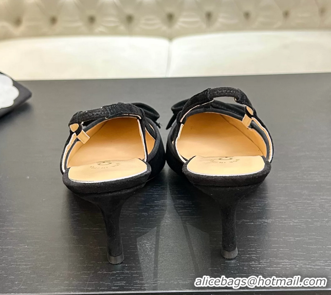Best Product Chanel CC Logo Bowknot Black Suede Leather Slingback Pumps 6051702
