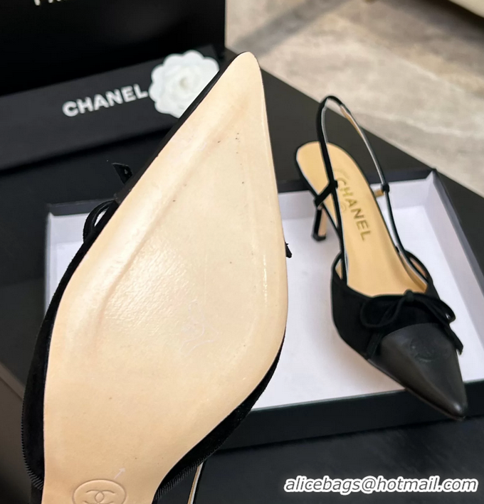 Best Product Chanel CC Logo Bowknot Black Suede Leather Slingback Pumps 6051702