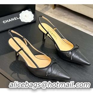 Low Price Chanel CC Logo Bowknot Black Calfskin Leather Slingback Pumps 6051702