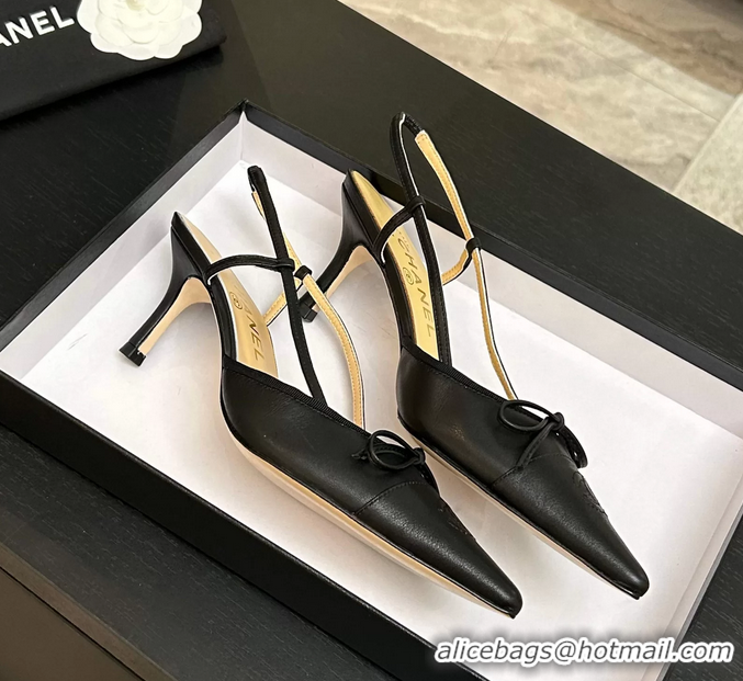 Low Price Chanel CC Logo Bowknot Black Calfskin Leather Slingback Pumps 6051702