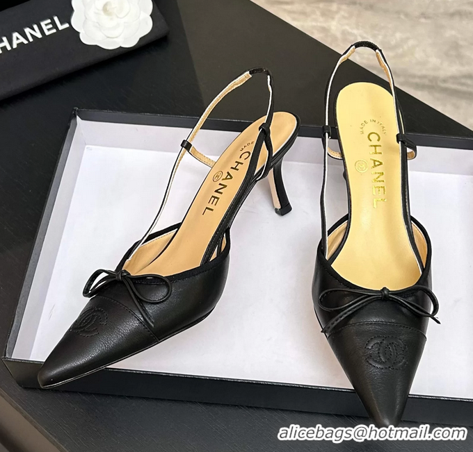 Low Price Chanel CC Logo Bowknot Black Calfskin Leather Slingback Pumps 6051702