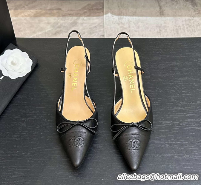 Low Price Chanel CC Logo Bowknot Black Calfskin Leather Slingback Pumps 6051702