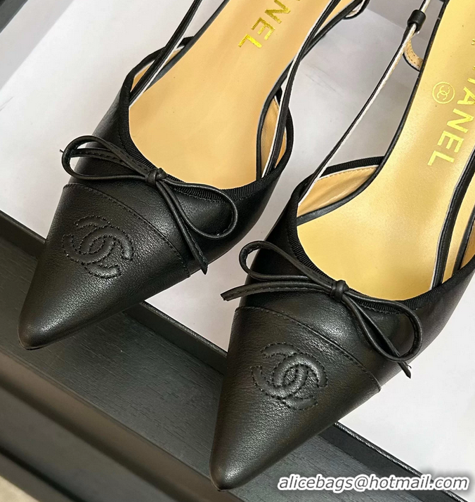 Low Price Chanel CC Logo Bowknot Black Calfskin Leather Slingback Pumps 6051702