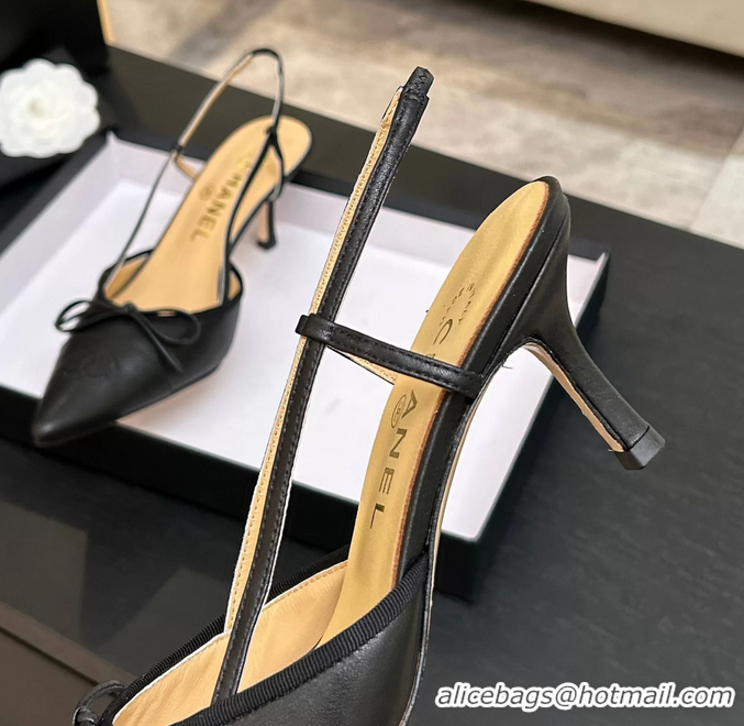 Low Price Chanel CC Logo Bowknot Black Calfskin Leather Slingback Pumps 6051702