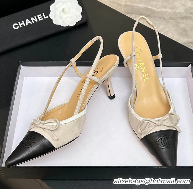 Top Grade Chanel CC Logo Bowknot Beige Suede Leather Slingback Pumps 6051702