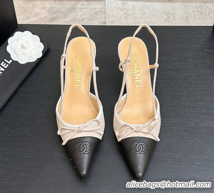 Top Grade Chanel CC Logo Bowknot Beige Suede Leather Slingback Pumps 6051702