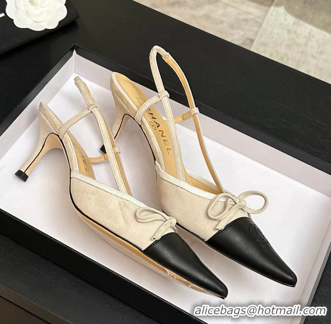 Top Grade Chanel CC Logo Bowknot Beige Suede Leather Slingback Pumps 6051702
