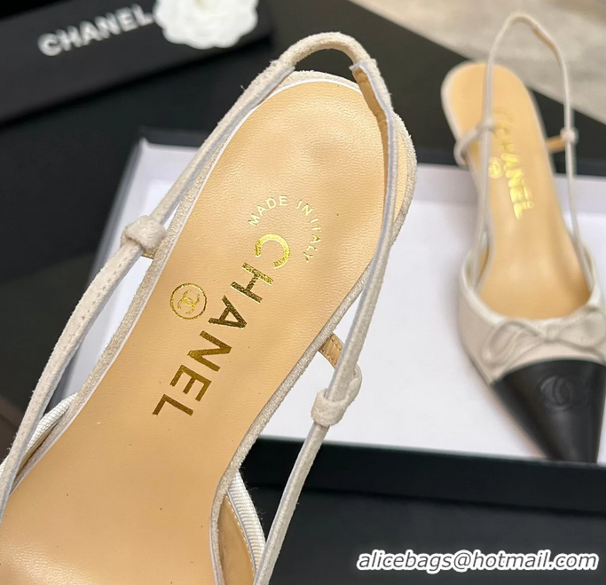 Top Grade Chanel CC Logo Bowknot Beige Suede Leather Slingback Pumps 6051702