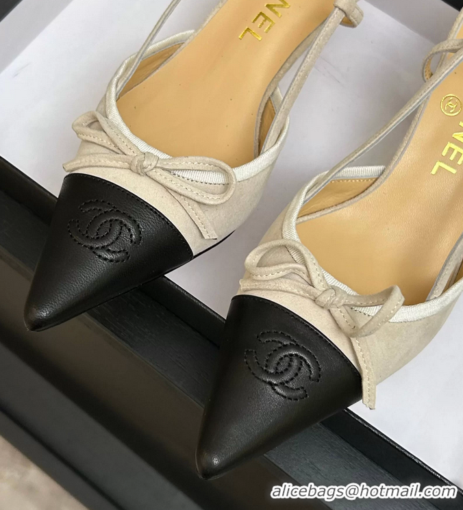 Top Grade Chanel CC Logo Bowknot Beige Suede Leather Slingback Pumps 6051702