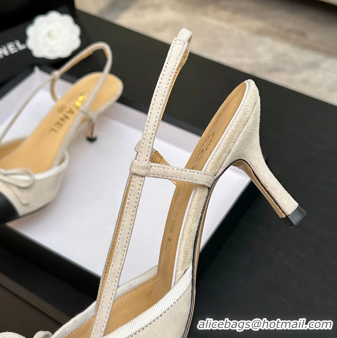 Top Grade Chanel CC Logo Bowknot Beige Suede Leather Slingback Pumps 6051702