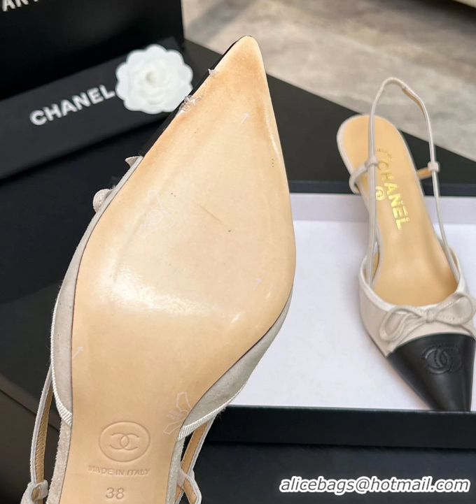 Top Grade Chanel CC Logo Bowknot Beige Suede Leather Slingback Pumps 6051702