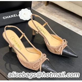 Best Price Chanel CC Logo Bowknot Beige Suede Leather Slingback Pumps 6051702