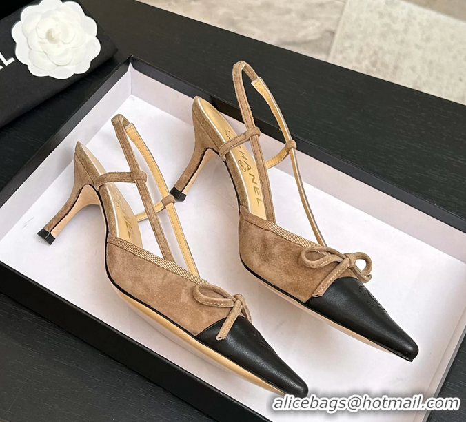 Best Price Chanel CC Logo Bowknot Beige Suede Leather Slingback Pumps 6051702