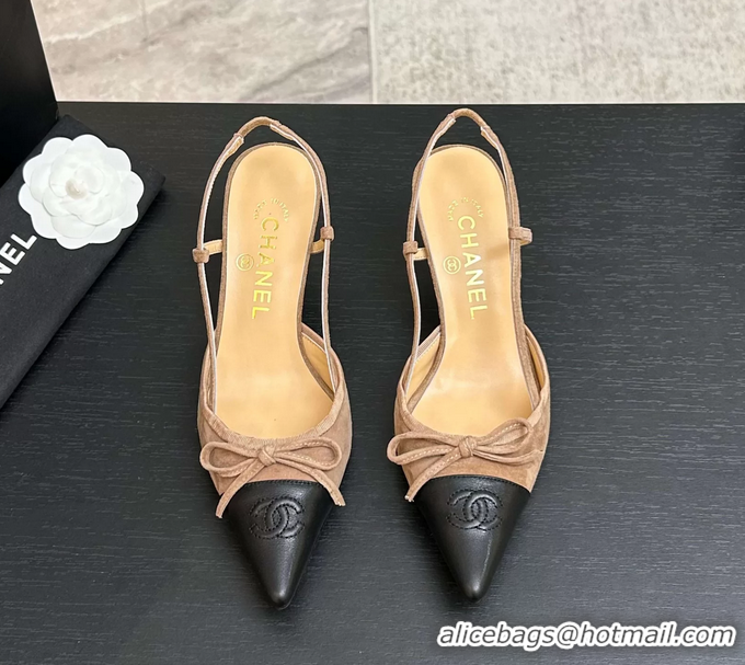 Best Price Chanel CC Logo Bowknot Beige Suede Leather Slingback Pumps 6051702