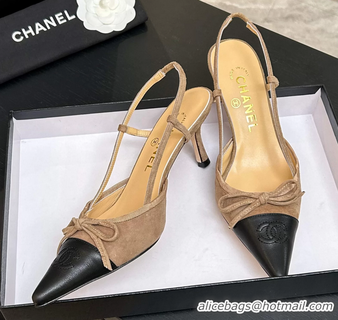 Best Price Chanel CC Logo Bowknot Beige Suede Leather Slingback Pumps 6051702