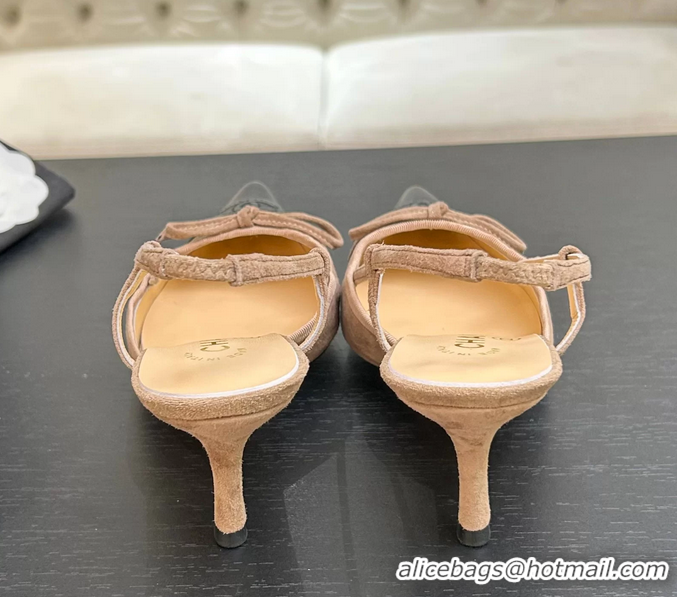 Best Price Chanel CC Logo Bowknot Beige Suede Leather Slingback Pumps 6051702