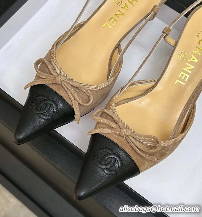 Best Price Chanel CC Logo Bowknot Beige Suede Leather Slingback Pumps 6051702