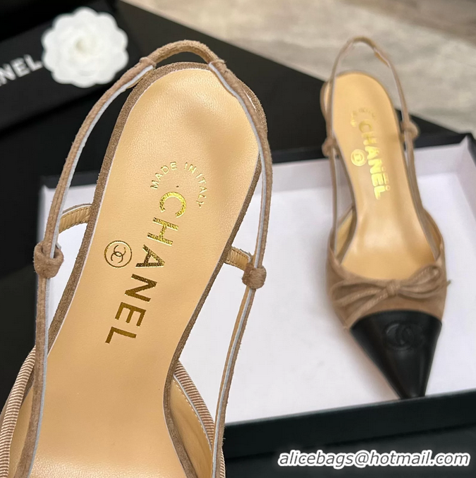 Best Price Chanel CC Logo Bowknot Beige Suede Leather Slingback Pumps 6051702