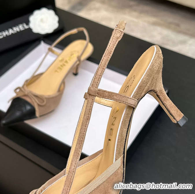 Best Price Chanel CC Logo Bowknot Beige Suede Leather Slingback Pumps 6051702