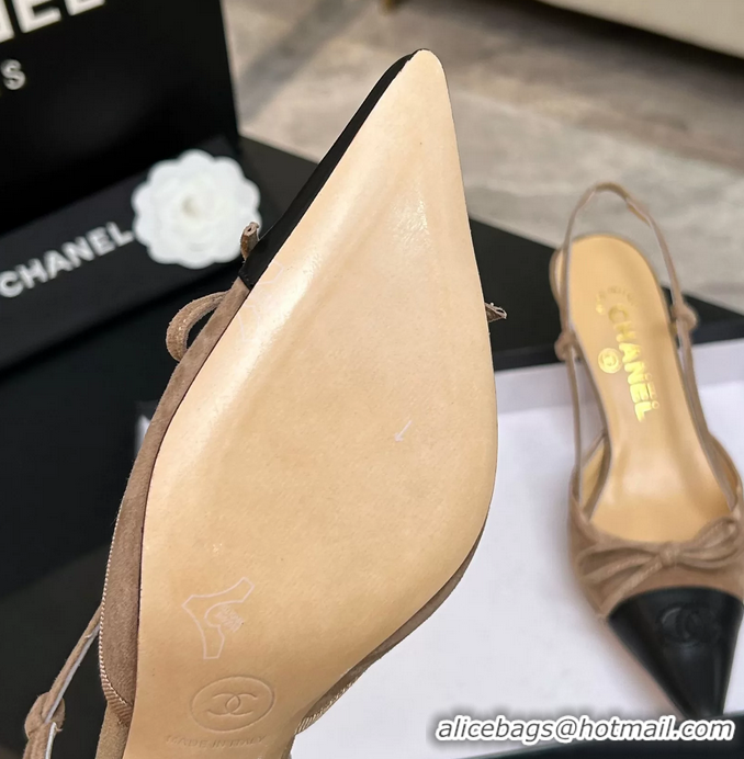 Best Price Chanel CC Logo Bowknot Beige Suede Leather Slingback Pumps 6051702
