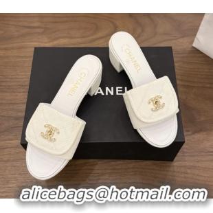 Luxurious Chanel CC Logo White Fabric Heeled Slides Sandals 6051704