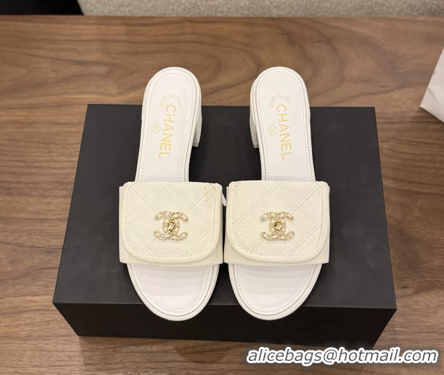 Luxurious Chanel CC Logo White Fabric Heeled Slides Sandals 6051704