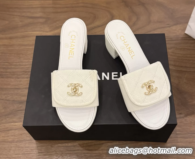Luxurious Chanel CC Logo White Fabric Heeled Slides Sandals 6051704
