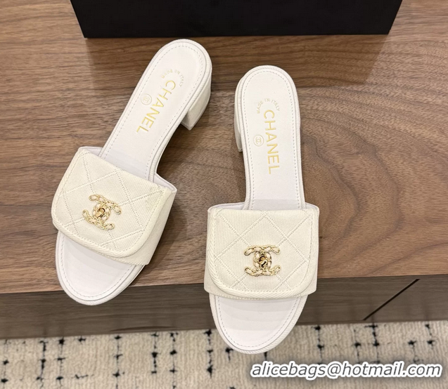 Luxurious Chanel CC Logo White Fabric Heeled Slides Sandals 6051704