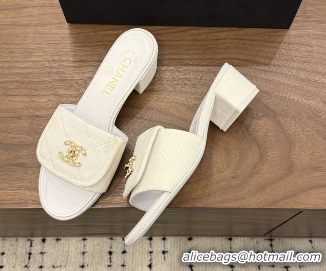 Luxurious Chanel CC Logo White Fabric Heeled Slides Sandals 6051704