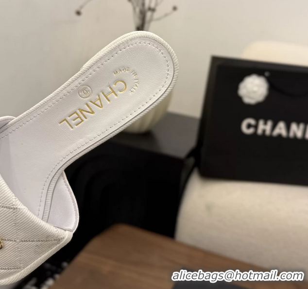 Luxurious Chanel CC Logo White Fabric Heeled Slides Sandals 6051704