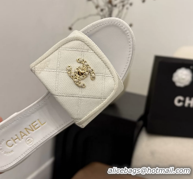 Luxurious Chanel CC Logo White Fabric Heeled Slides Sandals 6051704