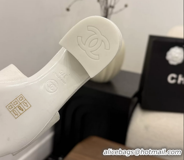 Luxurious Chanel CC Logo White Fabric Heeled Slides Sandals 6051704