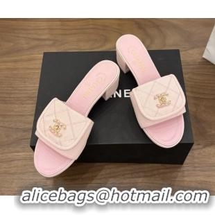 Durable Chanel CC Logo Pink Fabric Heeled Slides Sandals 6051704