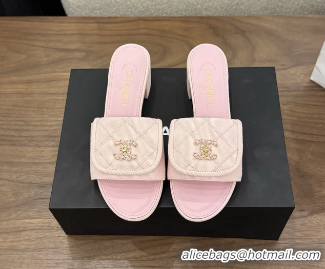 Durable Chanel CC Logo Pink Fabric Heeled Slides Sandals 6051704