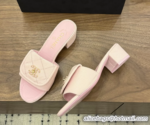 Durable Chanel CC Logo Pink Fabric Heeled Slides Sandals 6051704