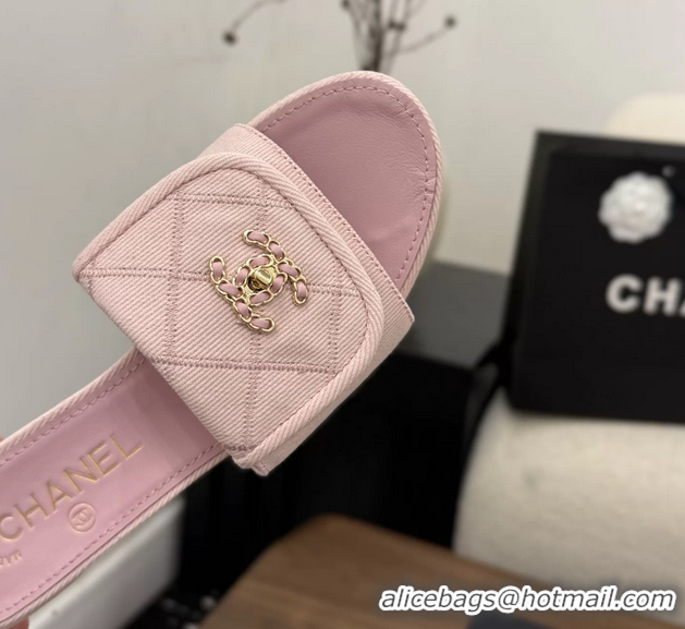 Durable Chanel CC Logo Pink Fabric Heeled Slides Sandals 6051704