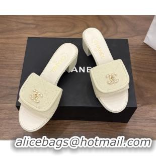 Good Quality Chanel CC Logo Beige Fabric Heeled Slides Sandals 6051704