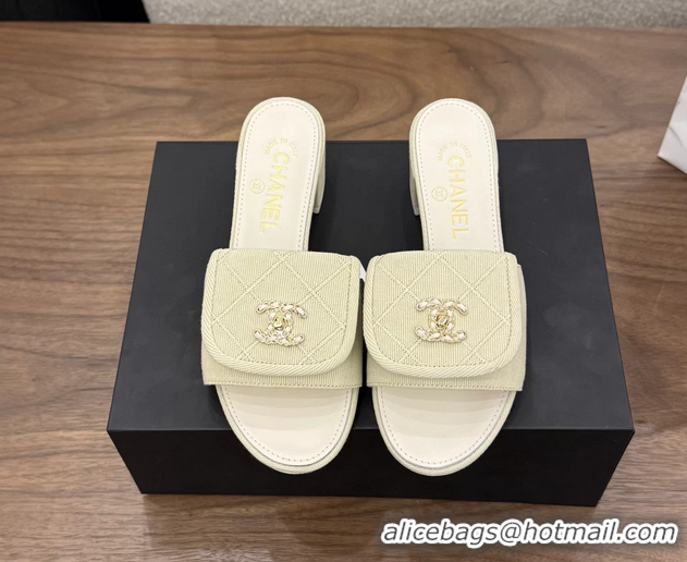 Good Quality Chanel CC Logo Beige Fabric Heeled Slides Sandals 6051704