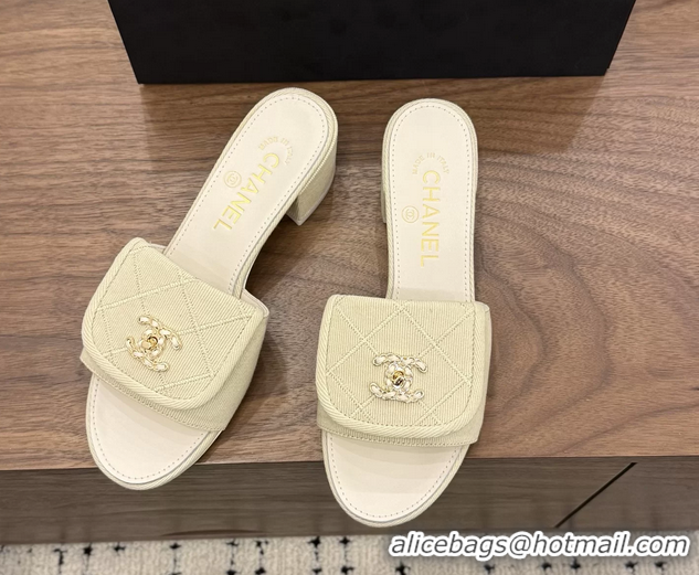 Good Quality Chanel CC Logo Beige Fabric Heeled Slides Sandals 6051704