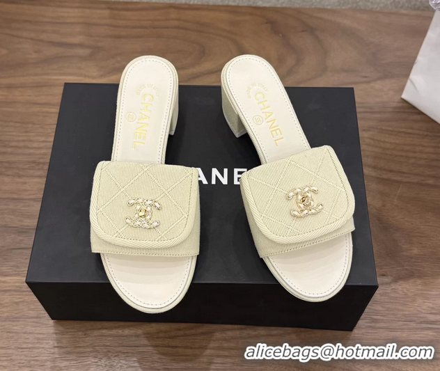 Good Quality Chanel CC Logo Beige Fabric Heeled Slides Sandals 6051704