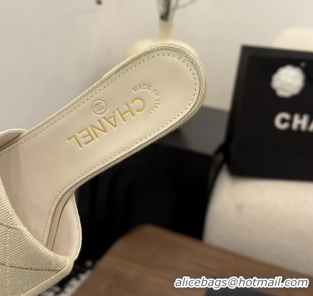 Good Quality Chanel CC Logo Beige Fabric Heeled Slides Sandals 6051704