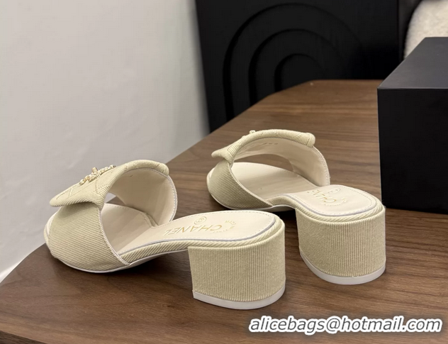 Good Quality Chanel CC Logo Beige Fabric Heeled Slides Sandals 6051704