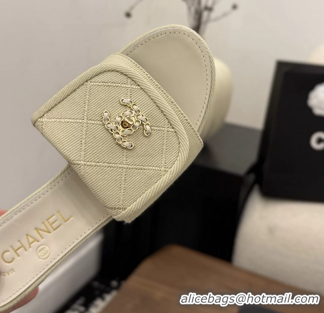 Good Quality Chanel CC Logo Beige Fabric Heeled Slides Sandals 6051704