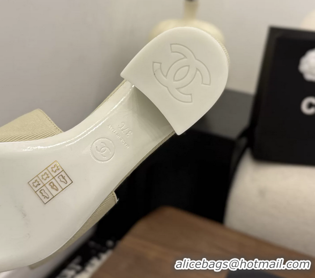 Good Quality Chanel CC Logo Beige Fabric Heeled Slides Sandals 6051704