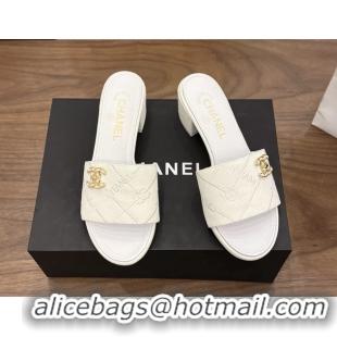 Best Chanel CC Logo White Fabric Heeled Slides Sandals 6051704