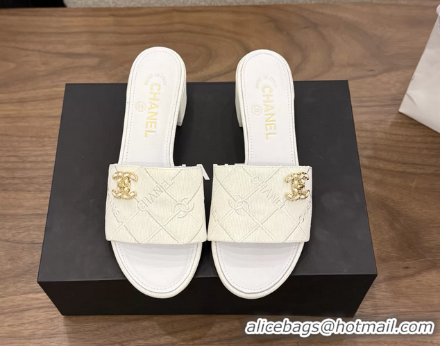 Best Chanel CC Logo White Fabric Heeled Slides Sandals 6051704
