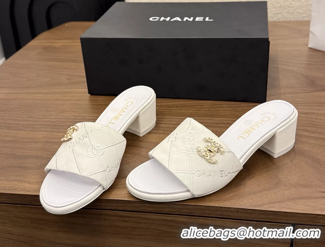 Best Chanel CC Logo White Fabric Heeled Slides Sandals 6051704