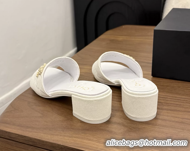Best Chanel CC Logo White Fabric Heeled Slides Sandals 6051704