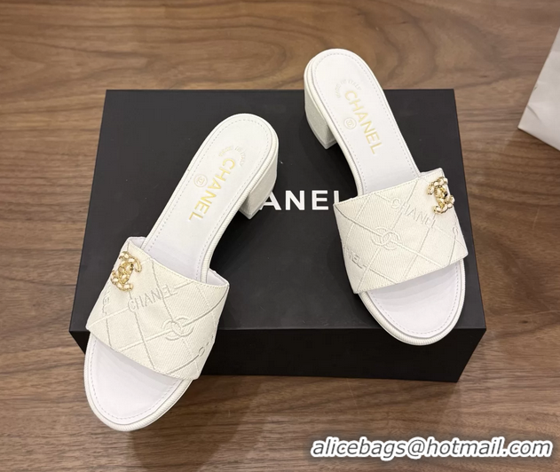 Best Chanel CC Logo White Fabric Heeled Slides Sandals 6051704
